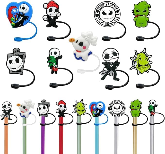 Christmas Straw Covers 9Pcs - Reusable Horror Straw Tips with Dust-Proof Toppers for 6-8mm Drinking Straws - Perfect for Parties, Birthdays, and Home Party Decor